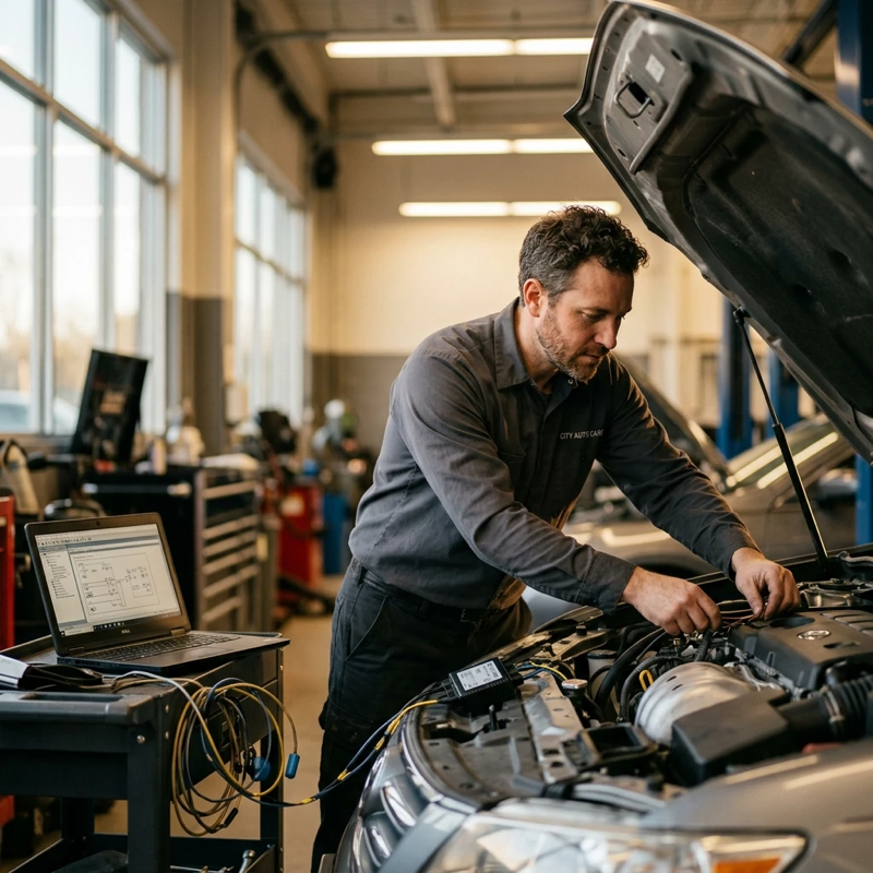 Automotive service technician leaning under the hood of a car in a well-lit garage, diagnostic equipment nearby, interlock device wiring harness partially visible, mid-afternoon natural light mixing with shop lighting