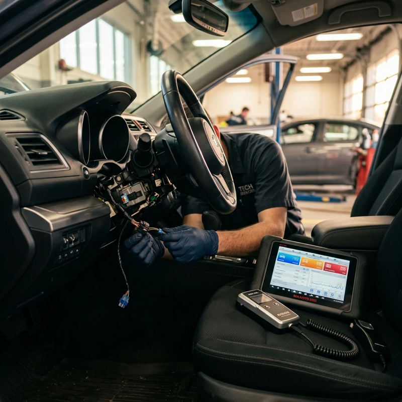 Automotive technician’s hands visible under a vehicle dashboard, connecting wiring near the steering column, diagnostic tools and a compact interlock device on the passenger seat, service bay lighting overhead