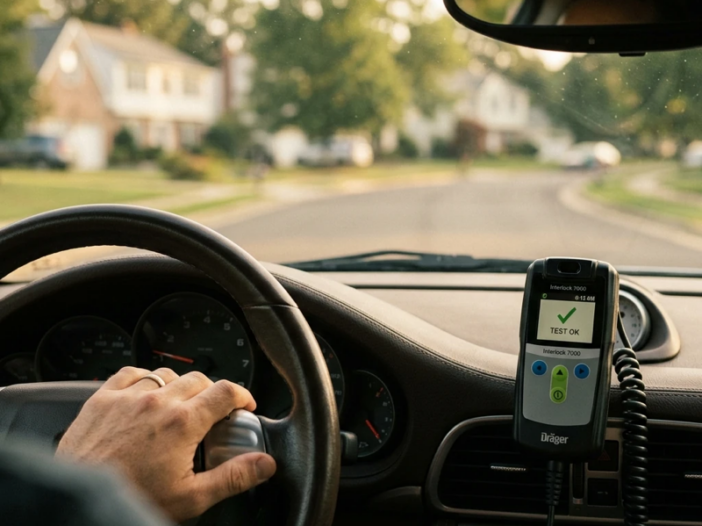 Candid view from the driver’s perspective of a car dashboard with a mounted interlock device, morning light filtering through the windshield, a hand resting near the steering wheel, suburban road visible ahead
