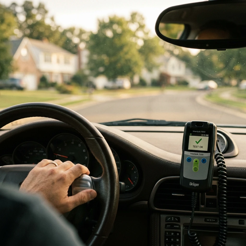 Candid view from the driver’s perspective of a car dashboard with a mounted interlock device, morning light filtering through the windshield, a hand resting near the steering wheel, suburban road visible ahead