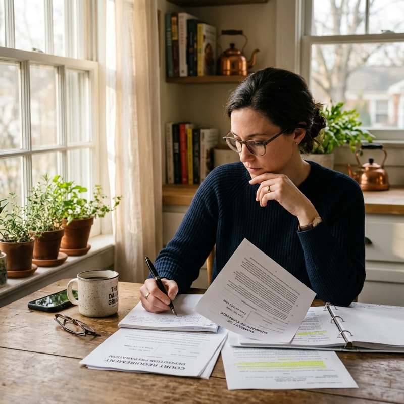 Candid view of a person sitting at a kitchen table reviewing legal paperwork, a coffee mug nearby, morning light coming through a window, documents and a pen spread across the surface suggesting preparation for a court requirement