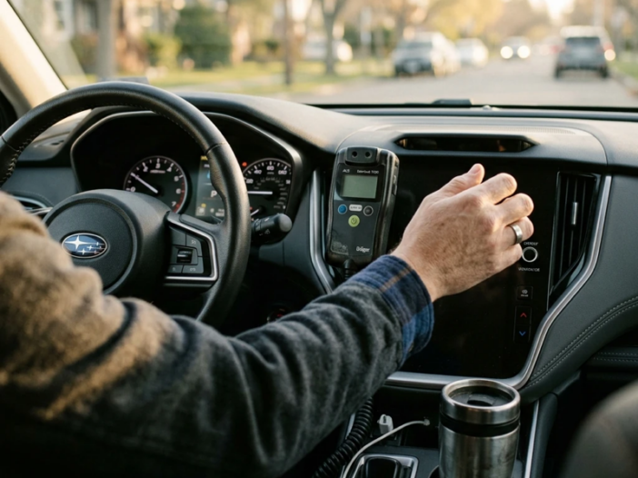 Close-up candid view of a car dashboard with an ignition interlock device installed, morning light coming through the windshield, driver’s hand reaching for the steering wheel nearby, slightly out of focus interior with a coffee cup in the center console