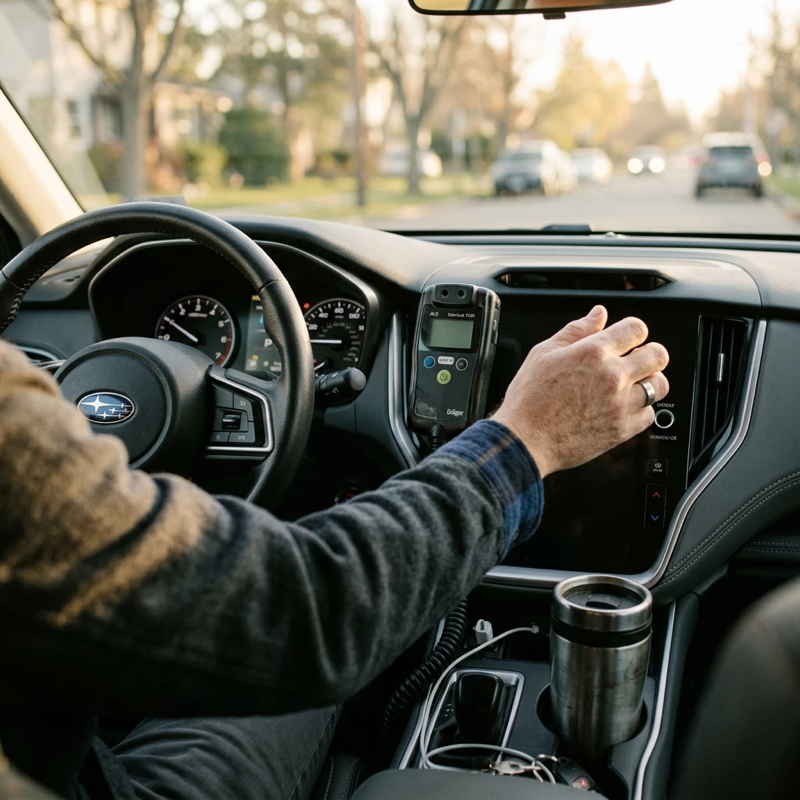 Close-up candid view of a car dashboard with an ignition interlock device installed, morning light coming through the windshield, driver’s hand reaching for the steering wheel nearby, slightly out of focus interior with a coffee cup in the center console