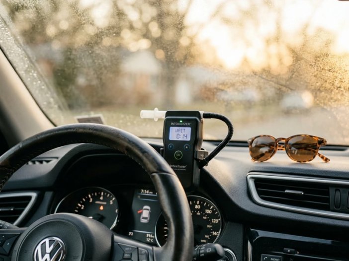 Close-up of a car dashboard area at eye level, a small breath-test device mounted near the steering column, morning condensation on the windshield, realistic vehicle interior with personal items like sunglasses on the dash