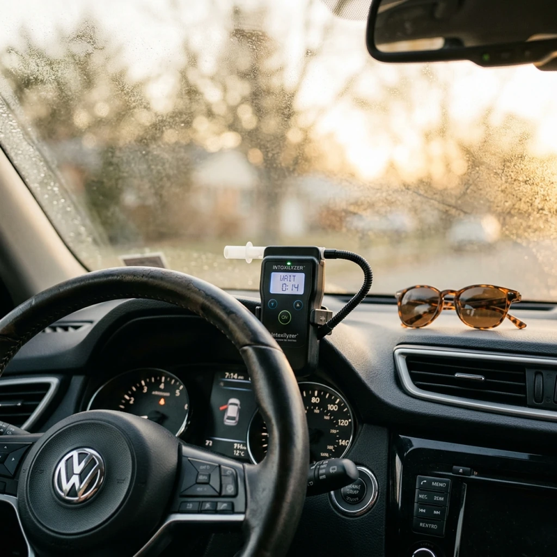 Close-up of a car dashboard area at eye level, a small breath-test device mounted near the steering column, morning condensation on the windshield, realistic vehicle interior with personal items like sunglasses on the dash