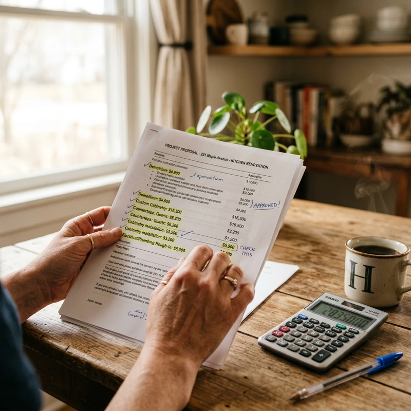 Close-up of a homeowner’s hands holding a printed contractor quote at a kitchen table, pen marks and highlighted line items visible on the document, a calculator and coffee mug nearby, soft natural light from a window