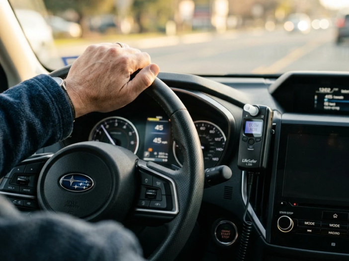 Close-up of a driver’s hand on a steering wheel near an installed interlock device, natural daylight streaming through the windshield, dashboard details visible, candid perspective from the passenger side