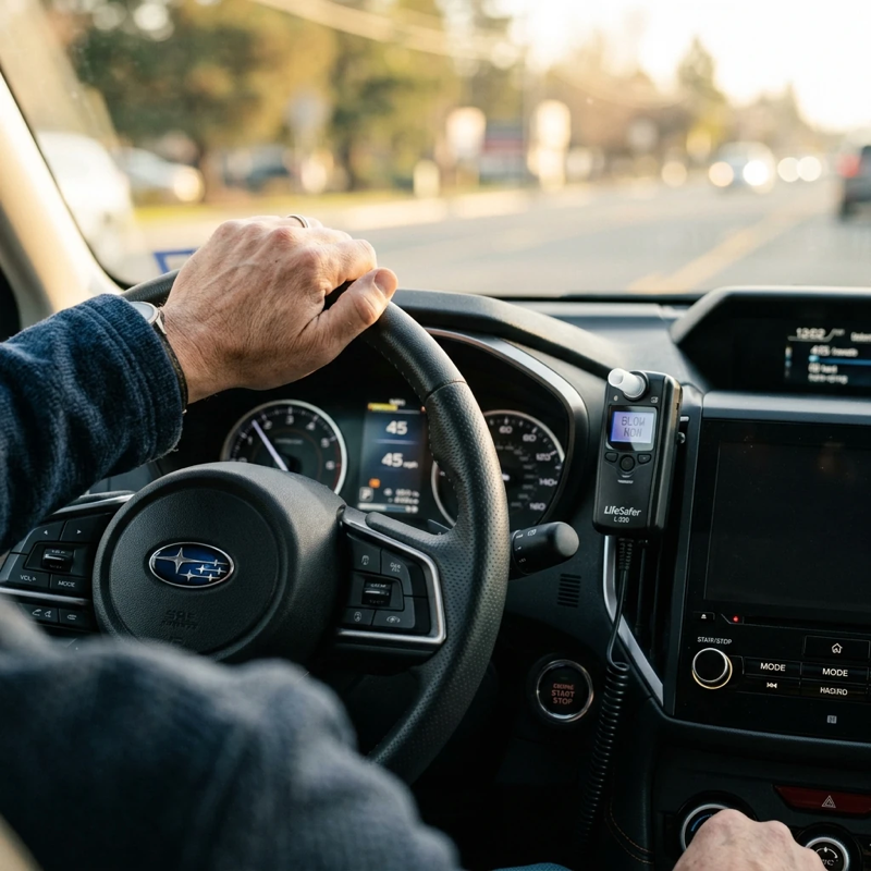 Close-up of a driver’s hand on a steering wheel near an installed interlock device, natural daylight streaming through the windshield, dashboard details visible, candid perspective from the passenger side