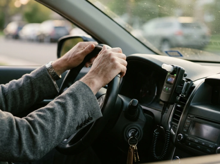 Close-up view of a car dashboard with ignition interlock device mounted, early morning light coming through windshield, driver’s hands resting on steering wheel in a moment of frustration, keys in ignition