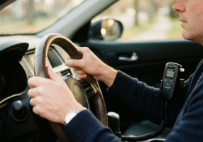 Close-up view of a person’s hands gripping a car steering wheel, with an interlock device mounted near the dashboard, soft morning light coming through the windshield, a sense of anticipation and tension in the composition