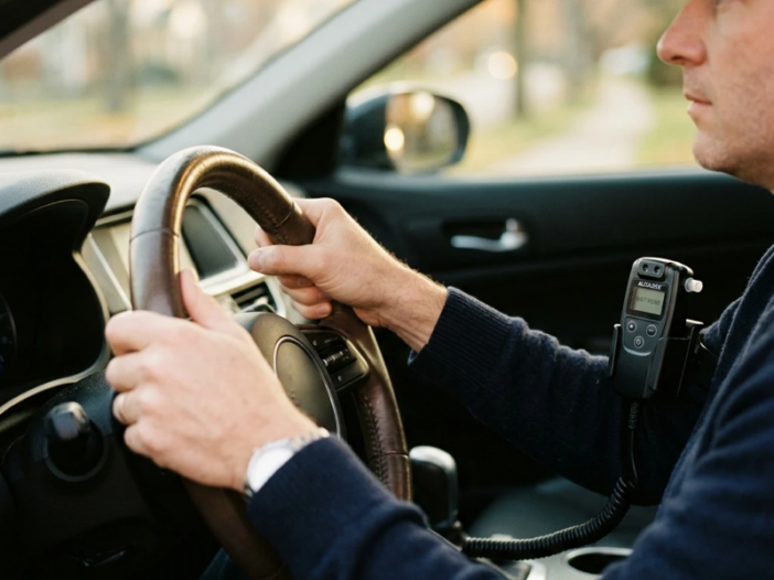 Primer plano de las manos de una persona agarrando el volante de un coche, con un dispositivo de bloqueo instalado cerca del salpicadero; la suave luz de la mañana entra a través del parabrisas, y la composición transmite una sensación de expectación y tensión.