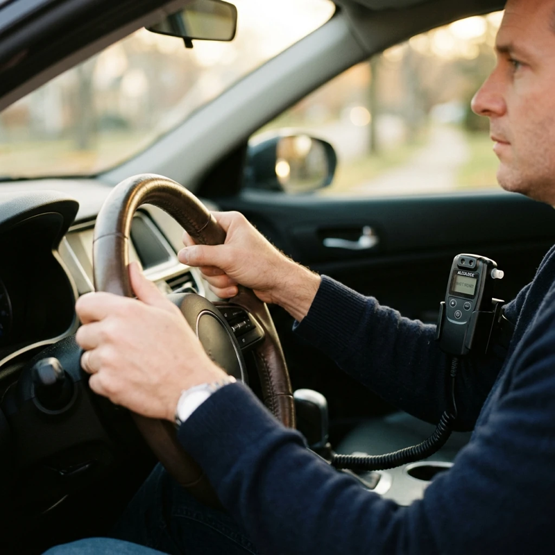 Primer plano de las manos de una persona agarrando el volante de un coche, con un dispositivo de bloqueo instalado cerca del salpicadero; la suave luz de la mañana entra a través del parabrisas, y la composición transmite una sensación de expectación y tensión.