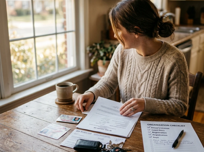 Over-the-shoulder view of someone organizing documents on a kitchen table — a driver’s license, court paperwork, vehicle registration, and car keys spread out next to a printed checklist, natural morning light from a nearby window