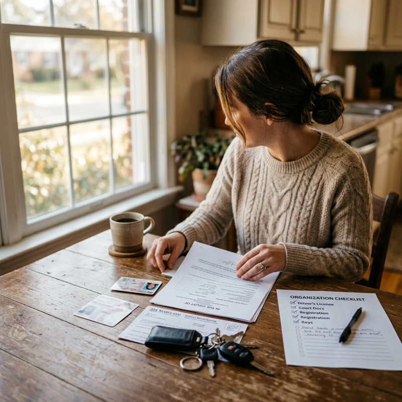 Over-the-shoulder view of someone organizing documents on a kitchen table — a driver’s license, court paperwork, vehicle registration, and car keys spread out next to a printed checklist, natural morning light from a nearby window