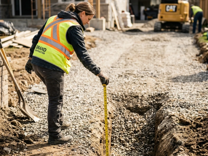 Over-the-shoulder view of a contractor measuring excavation depth beside a partially dug driveway area, gravel base visible in the trench, measuring tape extended, bright midday light casting short shadows across the work site