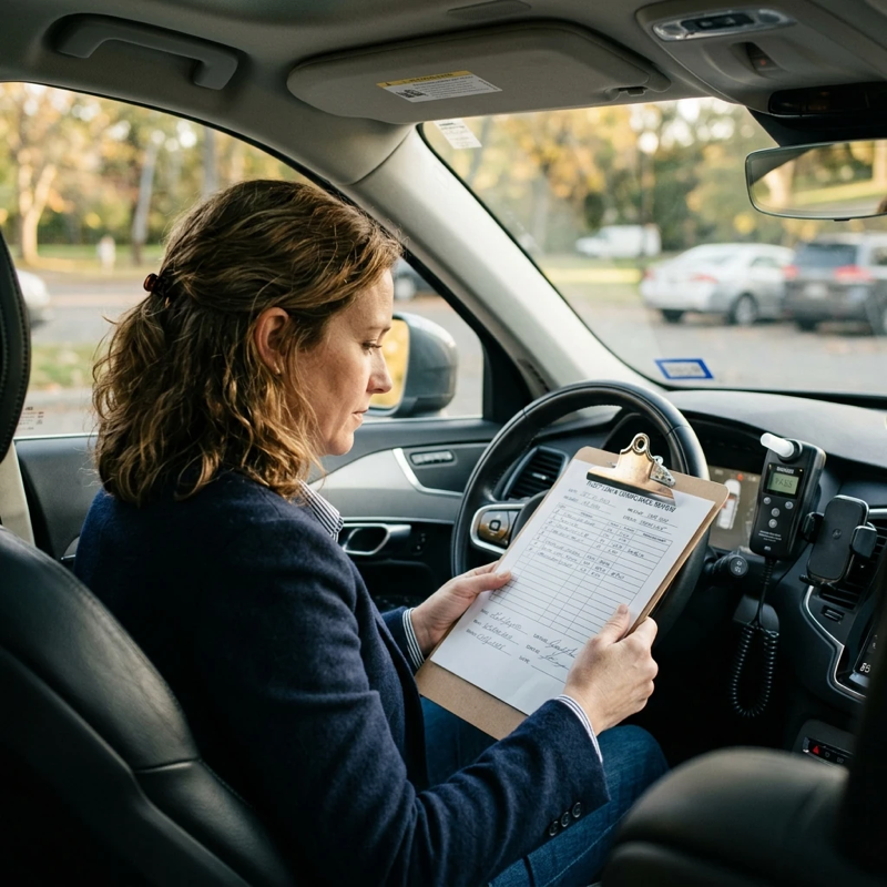 Over-the-shoulder view of a person sitting in the driver’s seat reviewing paperwork on a clipboard, interlock device visible on the dashboard, car parked in a quiet lot with natural daylight