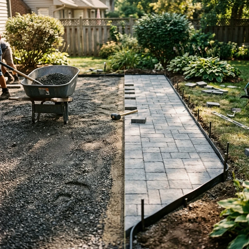 Overhead view of a partially completed residential paver patio project, showing the contrast between compacted gravel base on one side and freshly laid interlocking pavers on the other, with edging restraints visible and a wheelbarrow nearby, late morning natural light casting short shadows