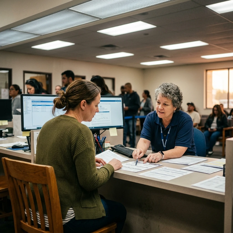 Person at a DMV-style service counter, viewed from slightly behind and to the side, paperwork spread on the counter, staff member pointing at a form, fluorescent overhead lighting, other people waiting in background slightly blurred