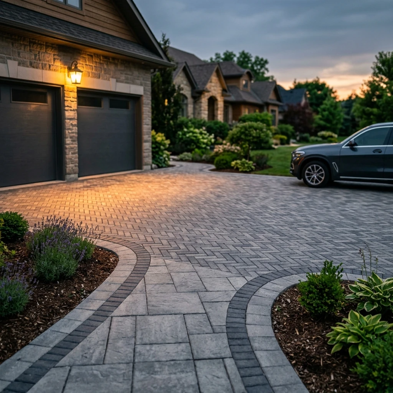 Wide shot of a completed interlock paver driveway at dusk, warm porch light illuminating herringbone pattern near the garage, a parked car partially visible, freshly swept joints and clean edges visible in the foreground