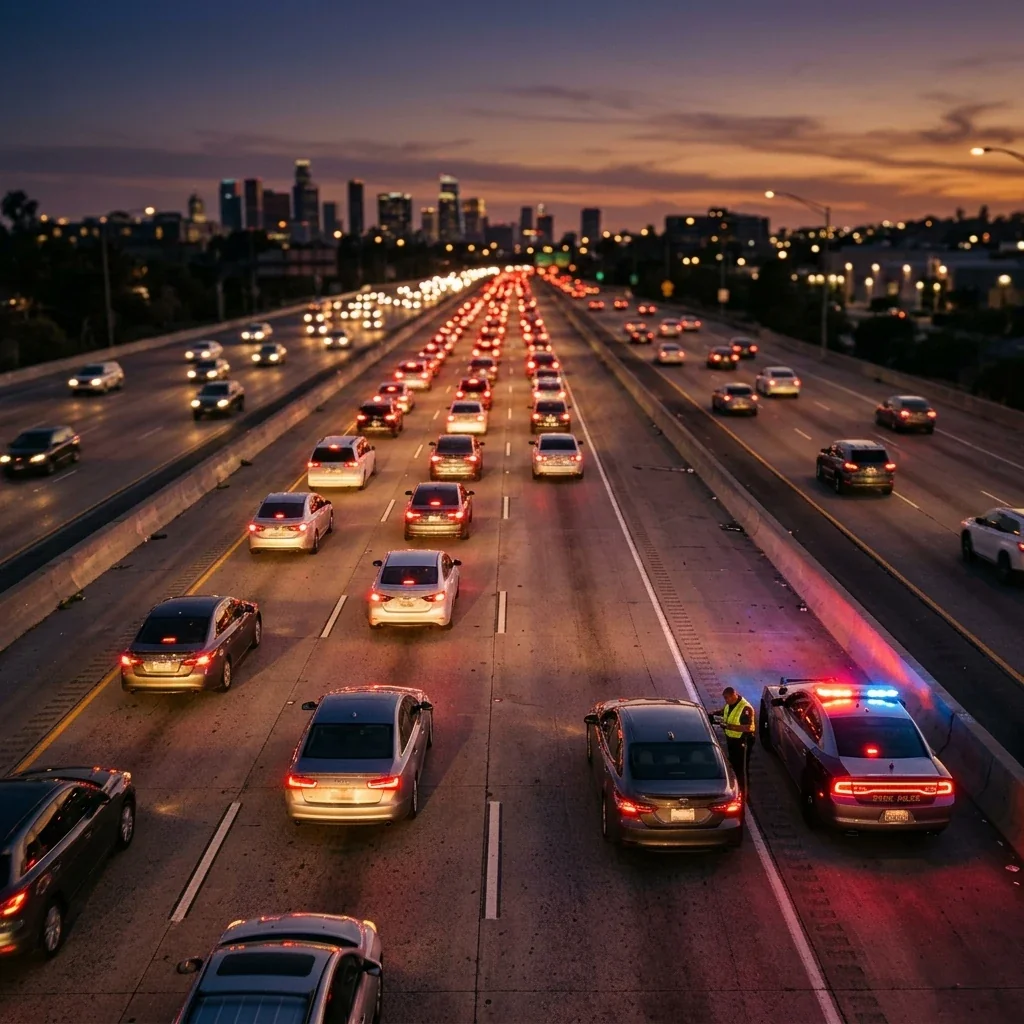 Overhead view of a highway at dusk with multiple lanes of traffic, brake lights glowing red, a police cruiser with flashing lights visible on the shoulder beside a stopped vehicle, conveying the tension and reality of a traffic stop
