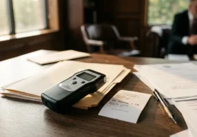 Handheld breath alcohol tester resting on paperwork on a desk