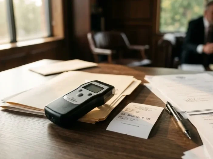 Handheld breath alcohol tester resting on paperwork on a desk