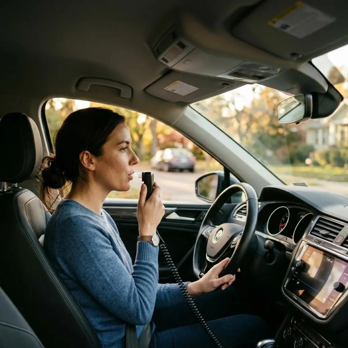 Driver blowing into a breath alcohol testing device in her car