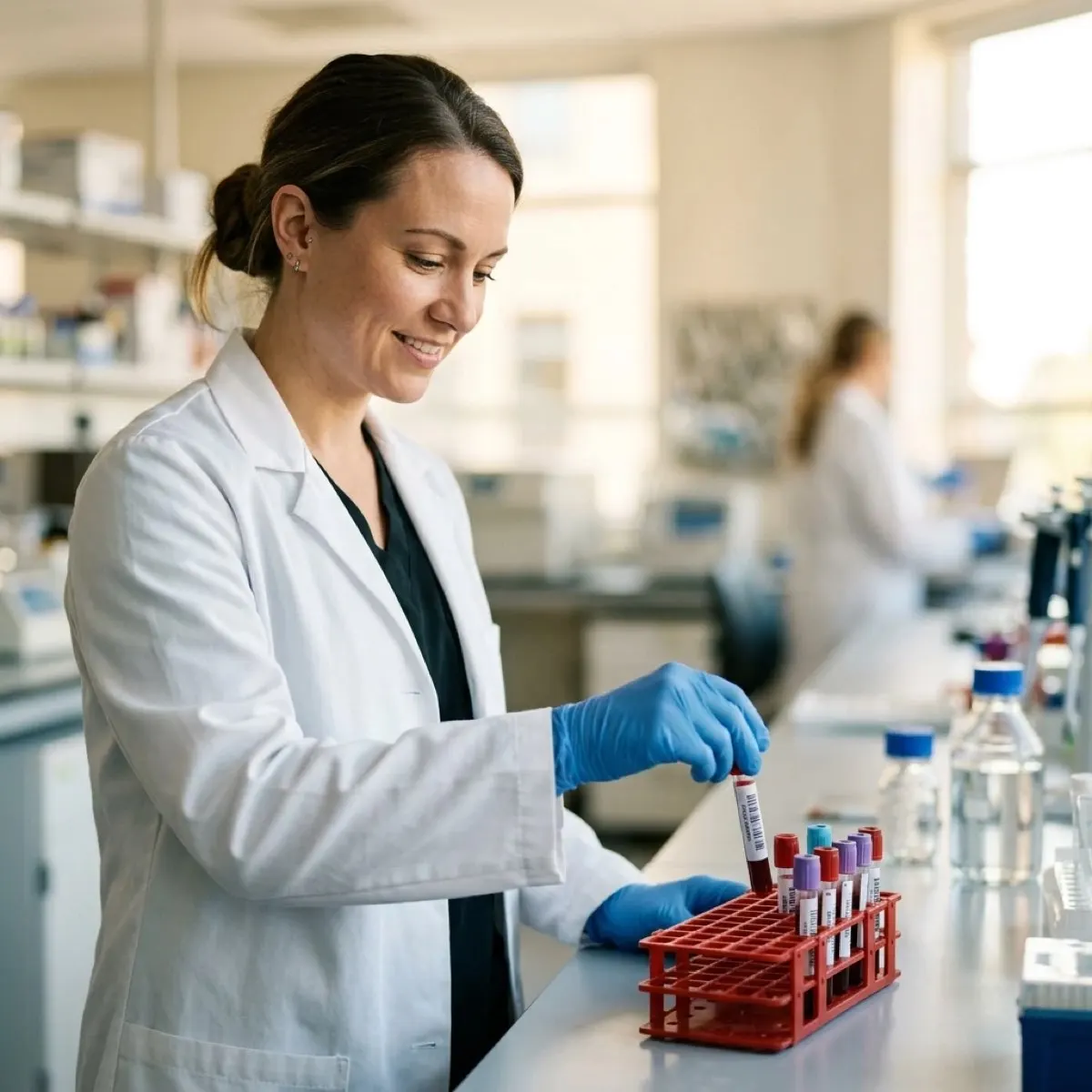 Lab technician placing labeled blood sample tubes into a rack for BAC testing