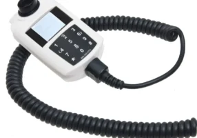 Handheld ignition interlock device with keypad and coiled cord on a white background