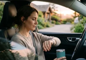 Driver checking the time in a parked car the morning after drinking