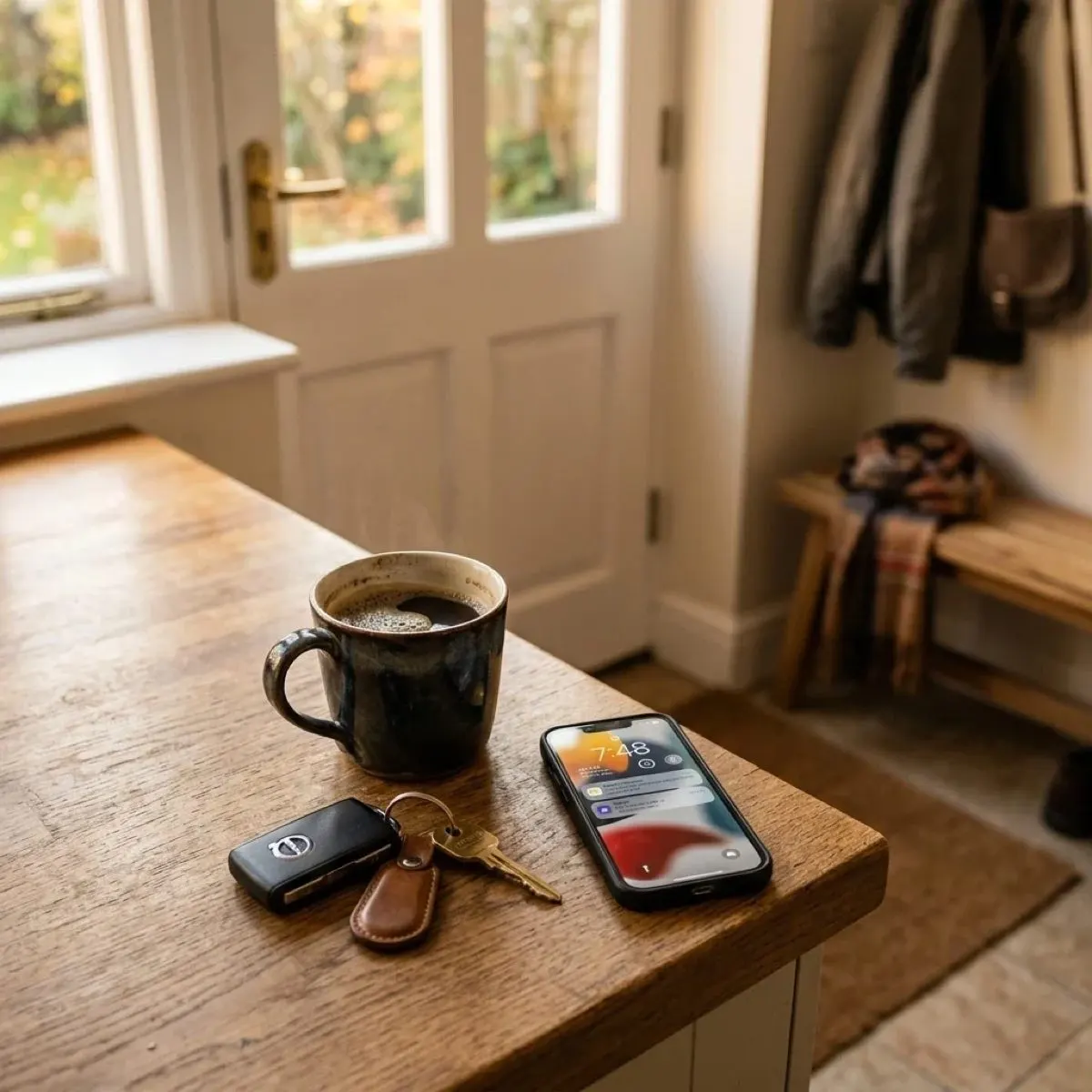 Café, las llaves del coche y un teléfono sobre una mesa junto a la puerta, antes de salir al trabajo por la mañana