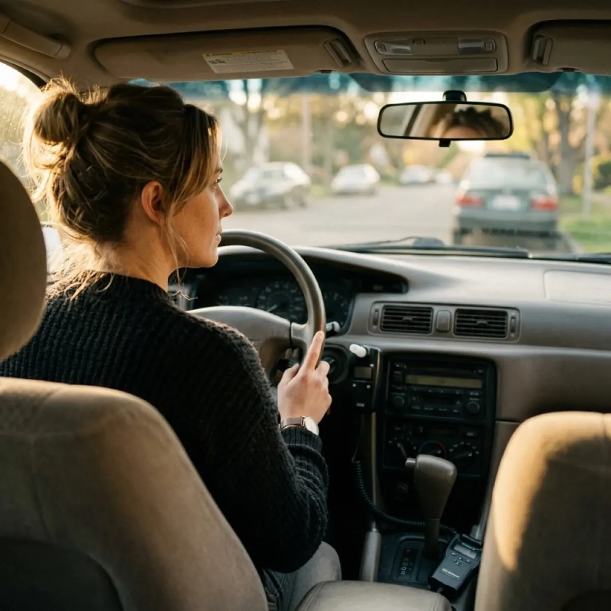Driver behind the wheel getting familiar with an interlock device after installation