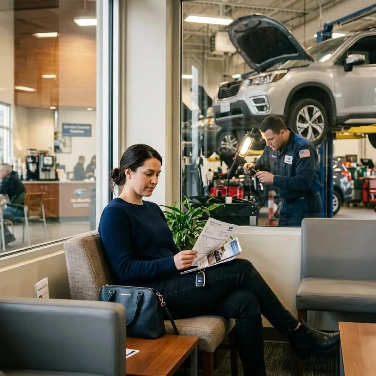 Driver reviewing paperwork in a service center waiting area while her car is serviced