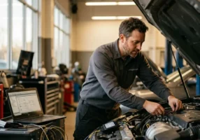 Technician checking a car's wiring in a service bay during an interlock installation