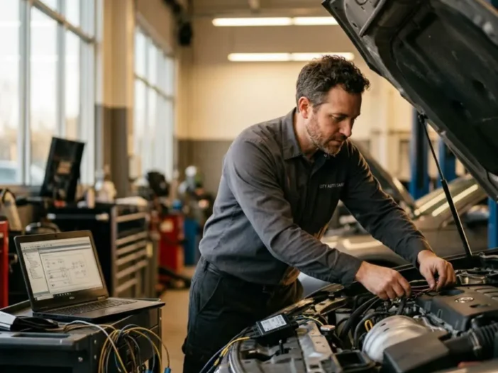Technician checking a car's wiring in a service bay during an interlock installation