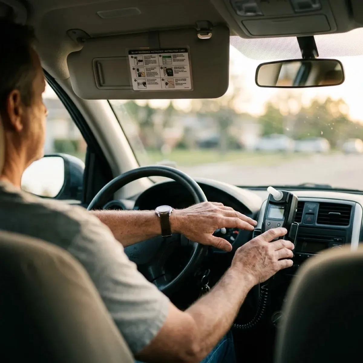 Conductor sometiéndose a una prueba de alcoholemia con el dispositivo de bloqueo de arranque antes de poner en marcha el coche