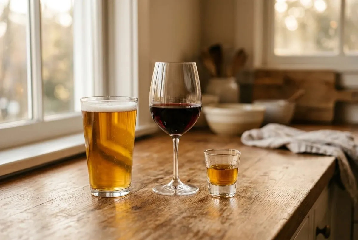 Una pinta de cerveza, una copa de vino y un chupito de whisky, uno al lado del otro, para comparar los tamaños estándar de las bebidas