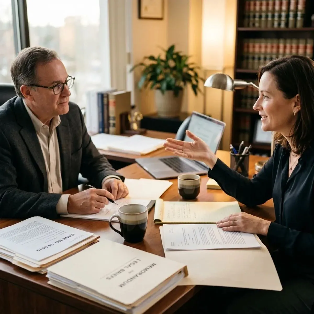 Attorney meeting with a client across a desk of case files to plan next steps