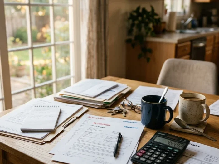 Escena en una mesa de cocina con papeles esparcidos, entre los que se ven documentos del seguro y una calculadora; se aprecian dos tazas de café; la luz de la mañana entra por la ventana; el ambiente está ligeramente desordenado y resulta realista; la imagen se ve desde un ángulo ligeramente elevado, como si alguien acabara de levantarse de la mesa en mitad de una tarea.