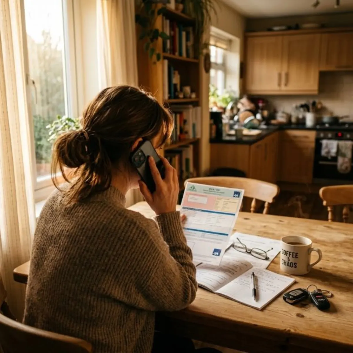 A woman on the phone with an insurance company at her kitchen table, with a policy printout, reading glasses and car keys in front of her