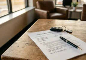A signed vehicle purchase agreement, a pen and a set of car keys on a wooden desk, the paperwork side of asking whether you can buy a car with a suspended license