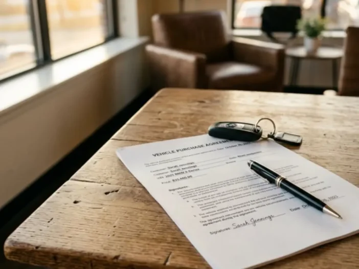A signed vehicle purchase agreement, a pen and a set of car keys on a wooden desk, the paperwork side of asking whether you can buy a car with a suspended license