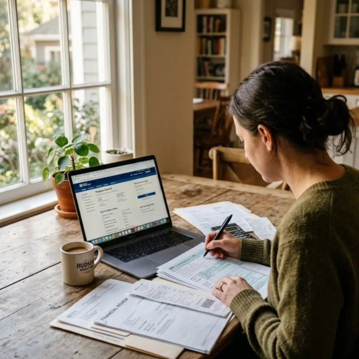 A woman at a kitchen table comparing car loan paperwork against offers on her laptop, with a pen and coffee mug beside her