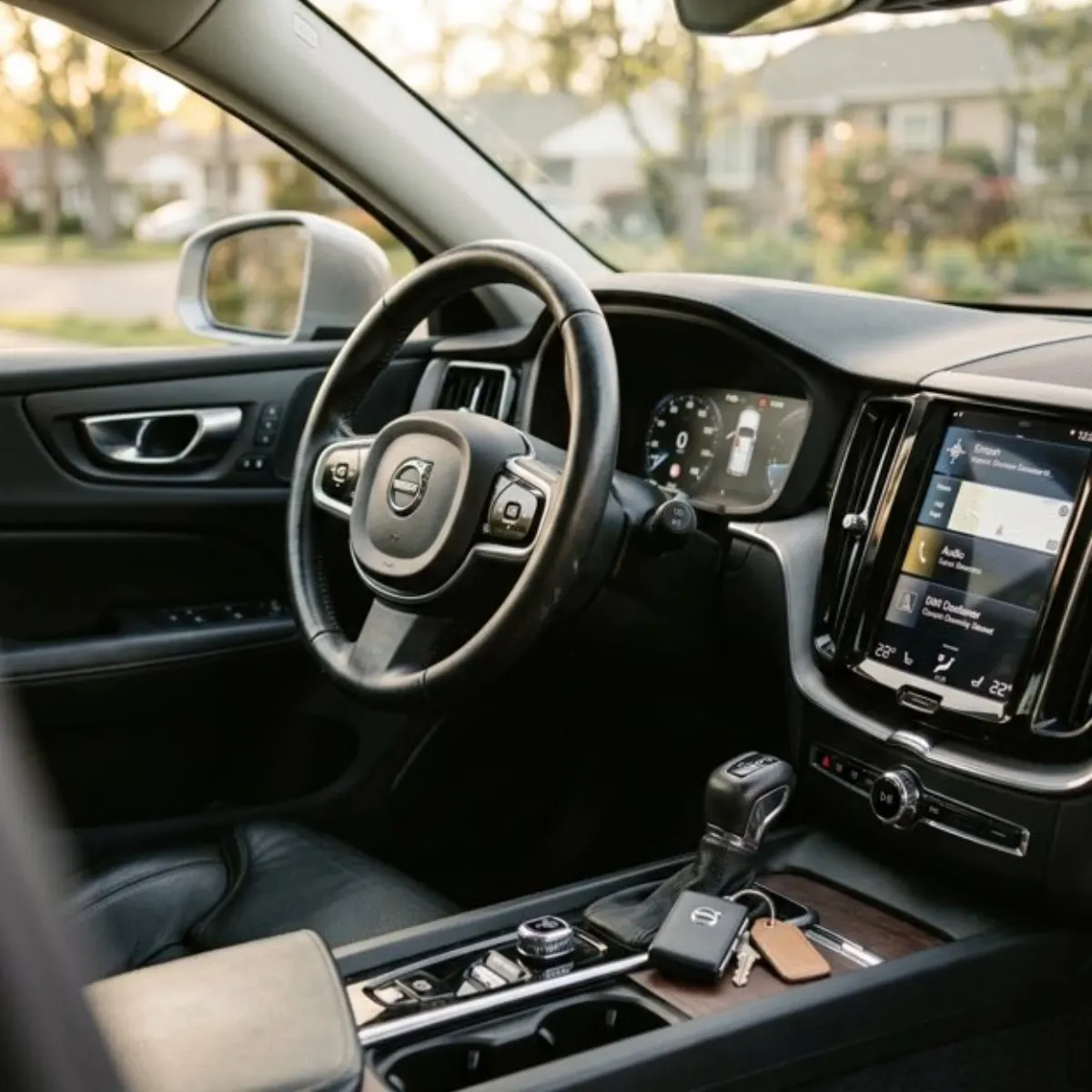 The driver's seat, steering wheel and dashboard of a parked car in daylight, with car keys resting on the center console