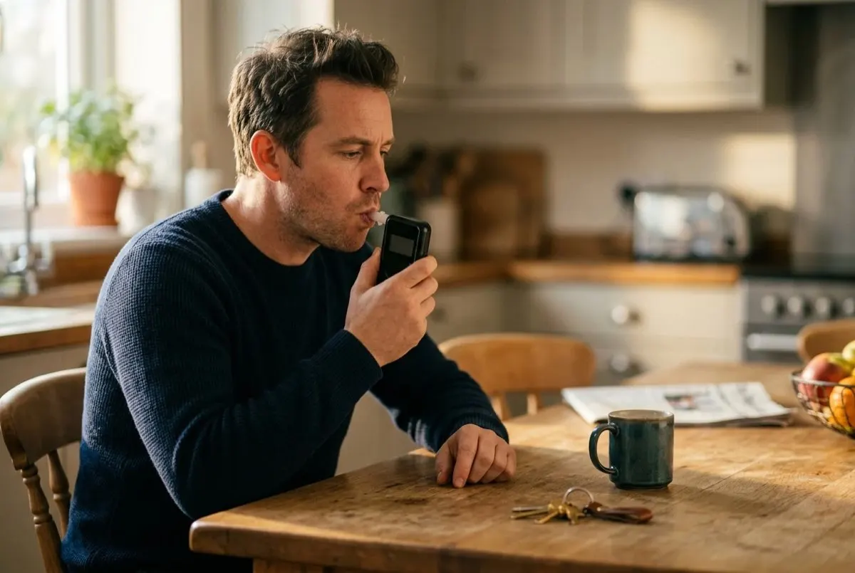 Person blowing into a handheld portable alcohol monitoring device at a kitchen table.