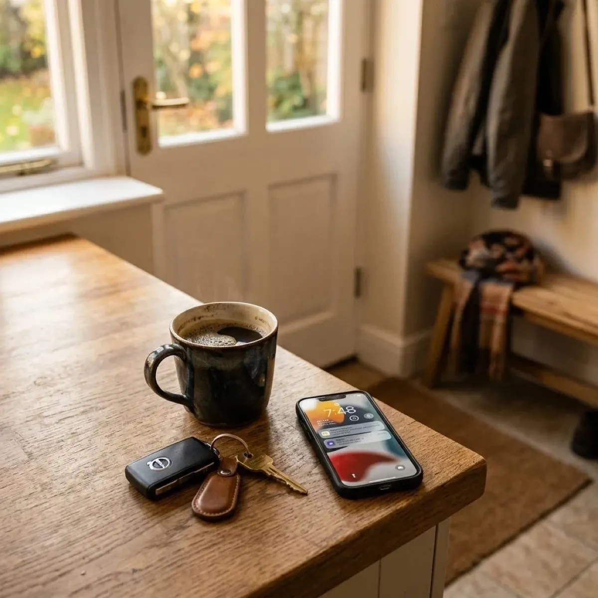 Phone, keys and coffee on a counter by the door, part of a daily routine built around scheduled breath tests.