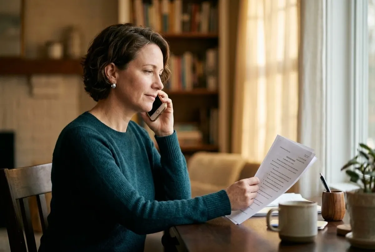 Person on a phone call with a monitoring company while holding court paperwork.