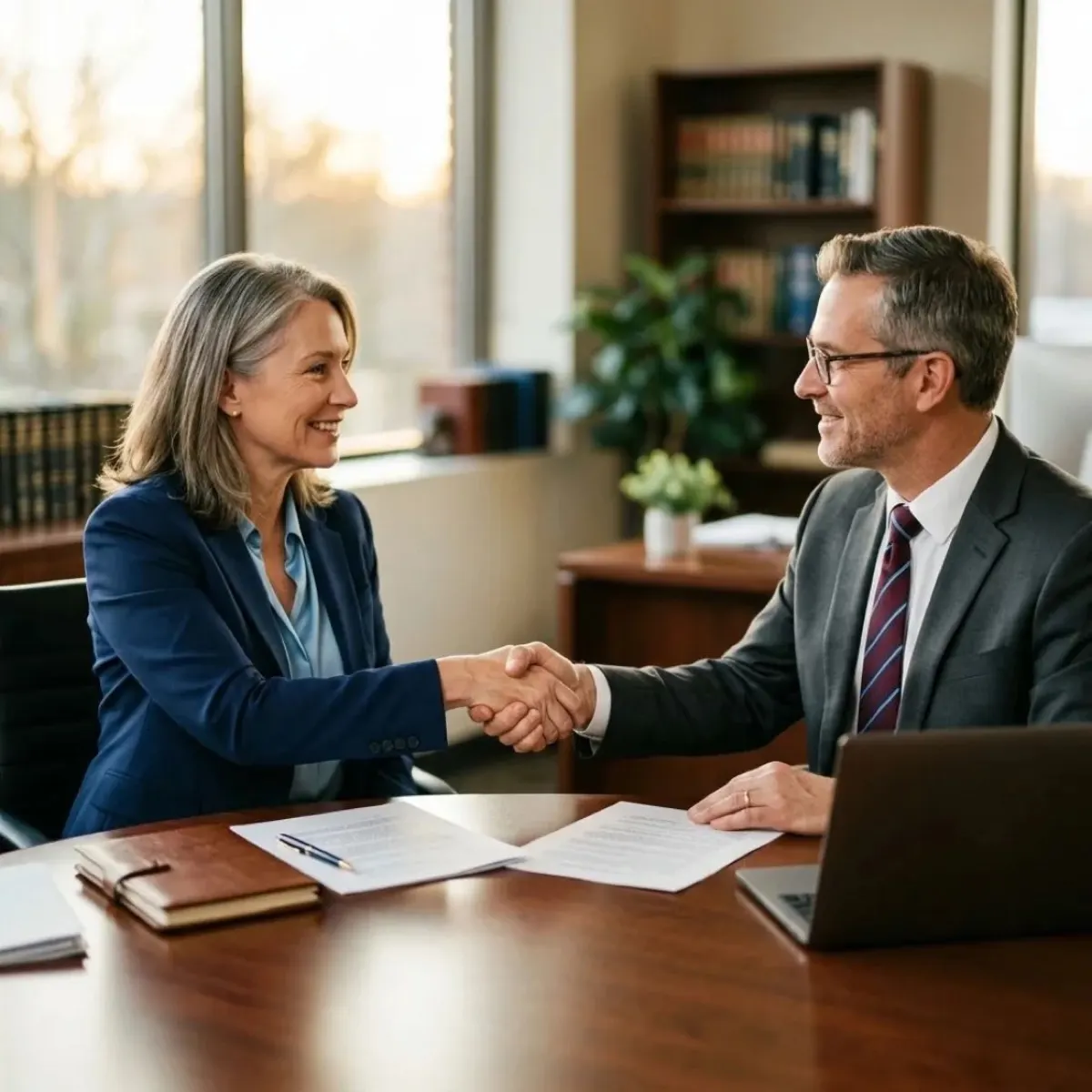 An attorney and client shaking hands across a desk after a case consultation