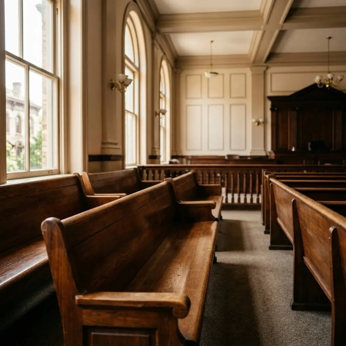 An empty courtroom gallery with rows of wooden bench seating and tall windows