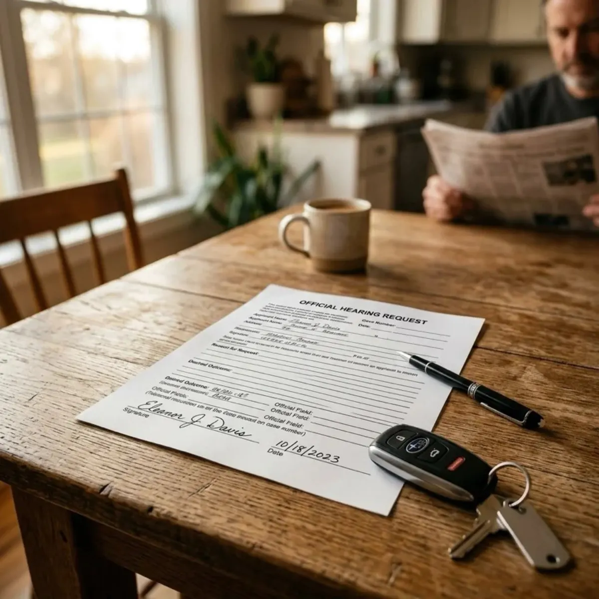 A hearing paperwork form, a cup of coffee and car keys laid out on a kitchen table while preparing for a court appearance